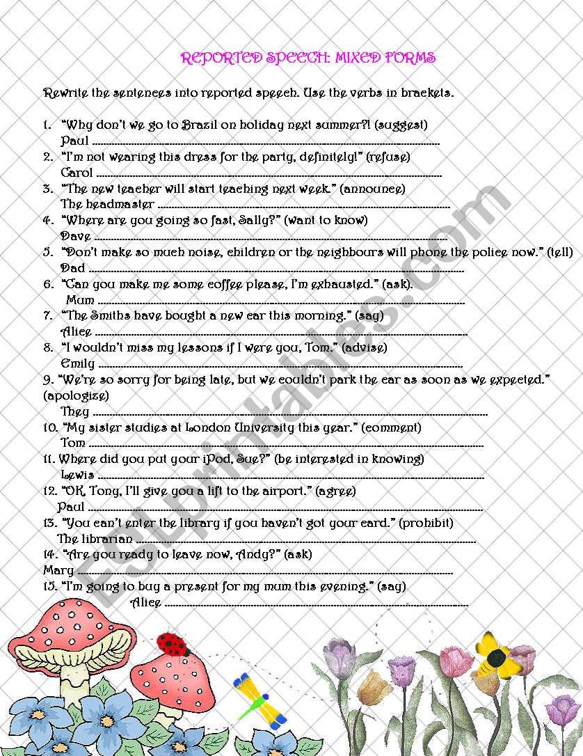 Reported speech: mixed forms worksheet