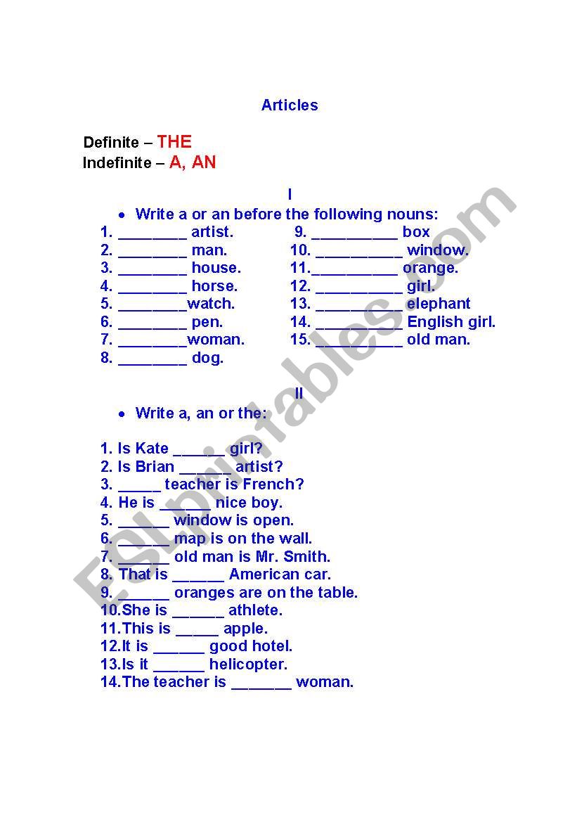 Definite and indefinite articles. Key included.