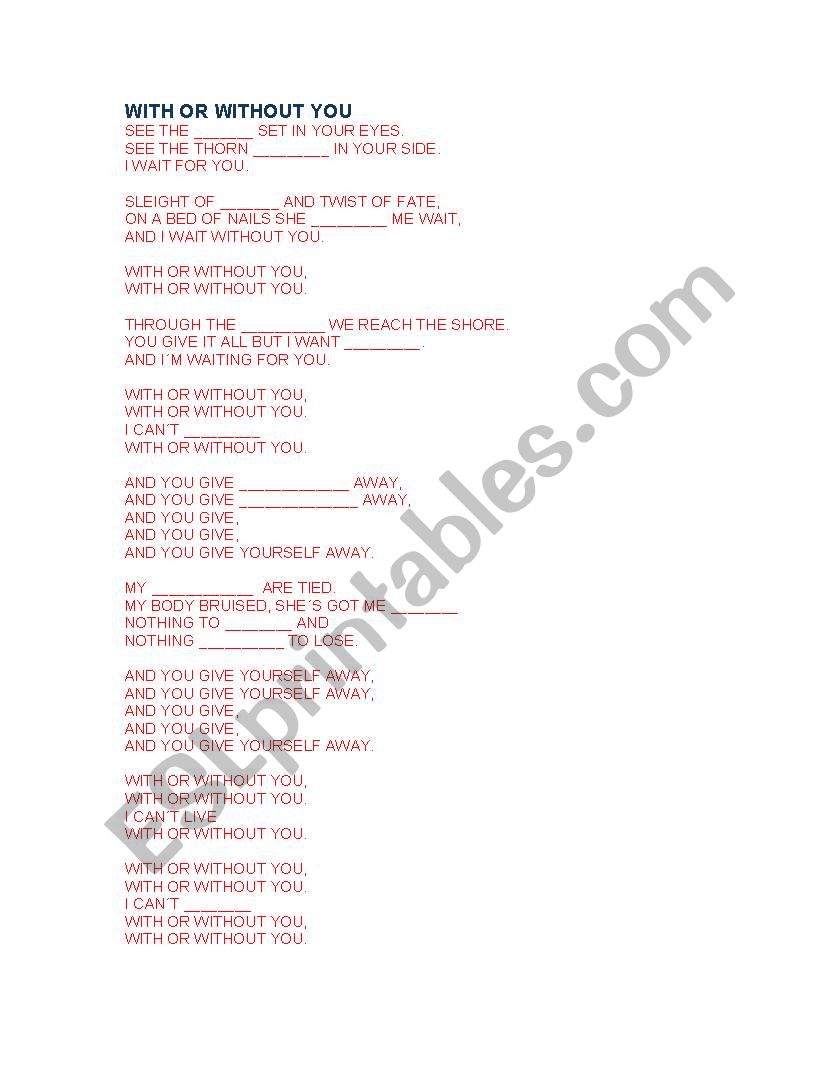 With or without you worksheet