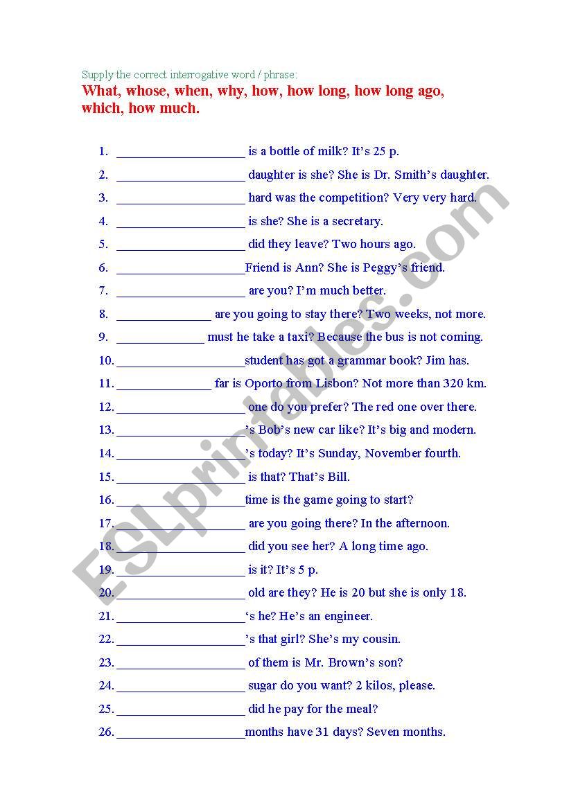 Questions Words: Key included worksheet