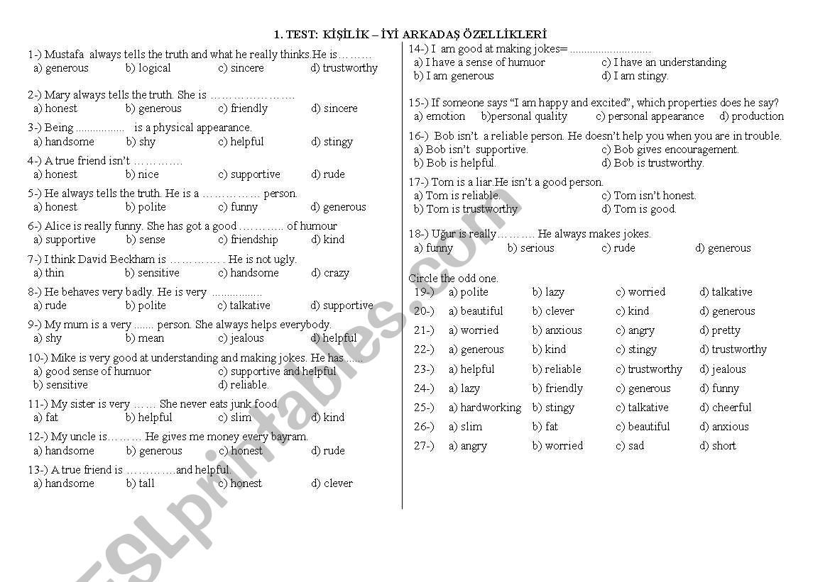 Adjective Test worksheet