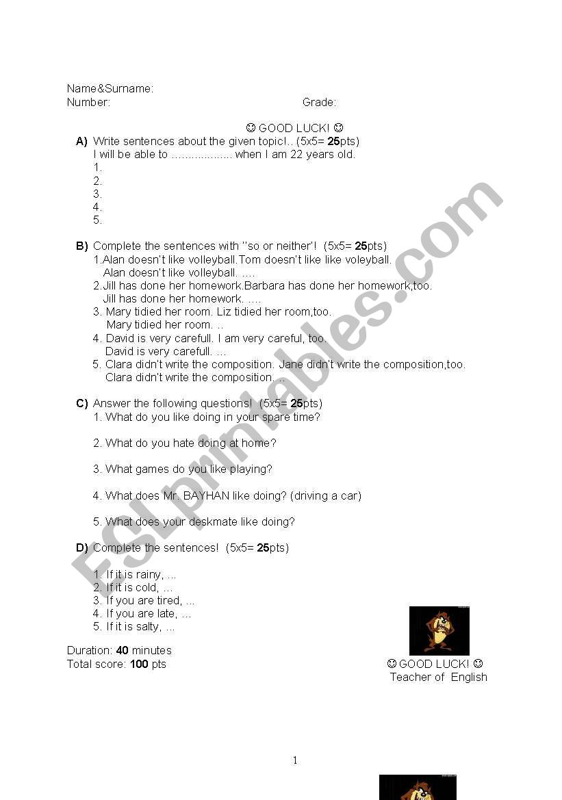 exam paper worksheet