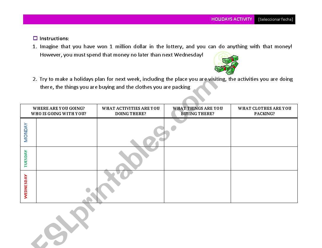 Holidays Plan worksheet