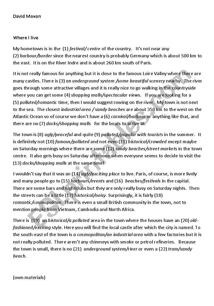 Description of a town or city worksheet