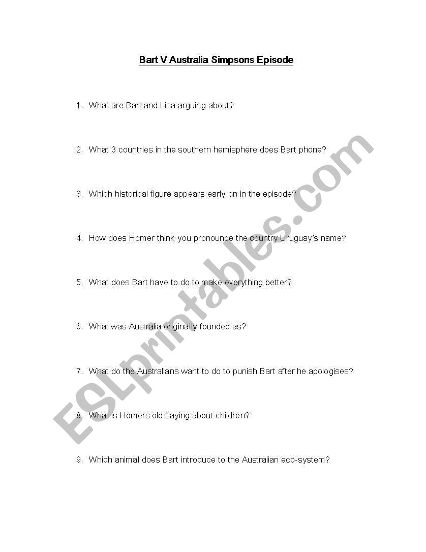 Simpsons in Australia worksheet