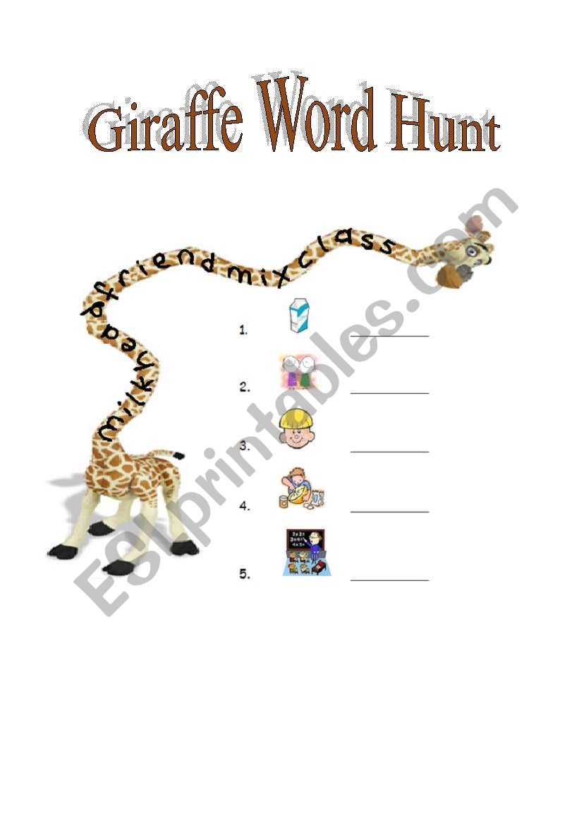 Giraffe Word Hunt worksheet