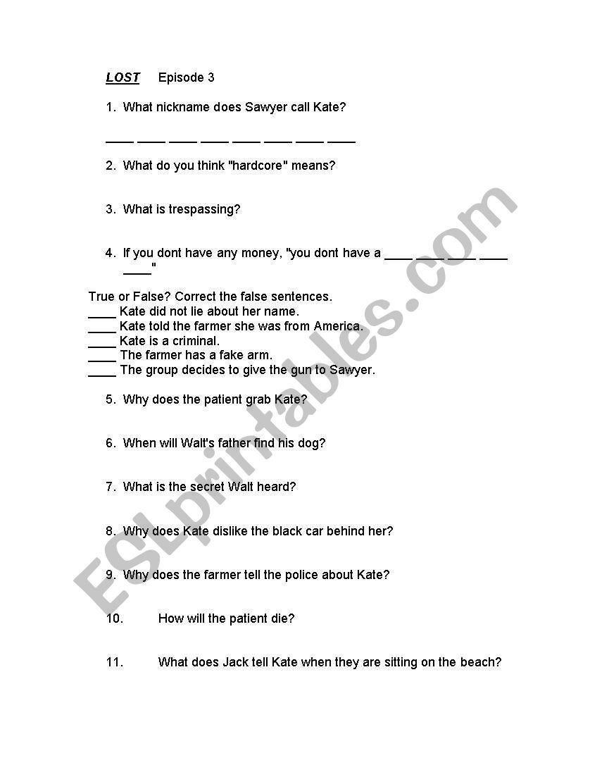 Lost worksheet Season 1 Episode 3