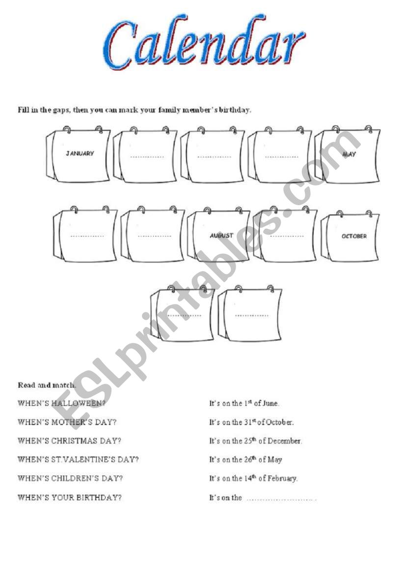 Calendar worksheet