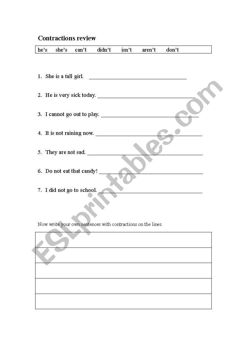 Contractions review worksheet