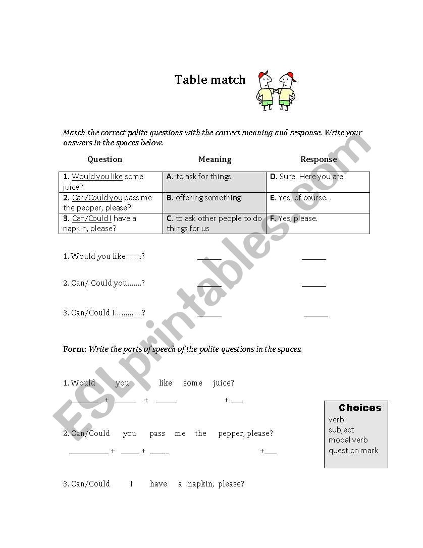 Table match worksheet