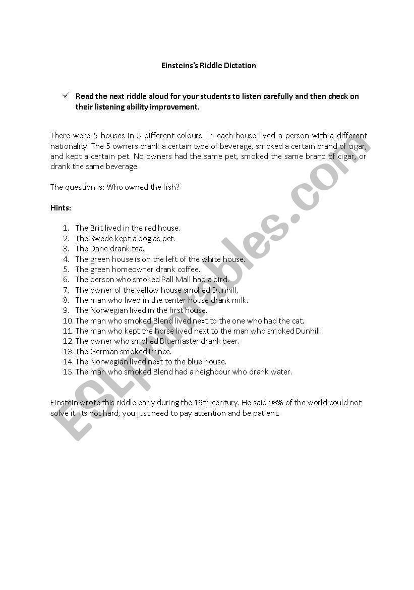 Einsteins Dictation worksheet