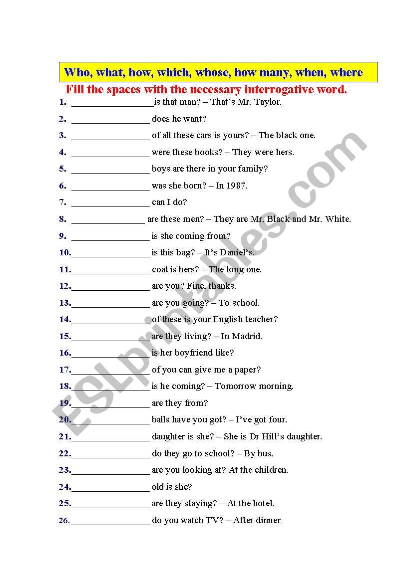 Question words. Key included worksheet