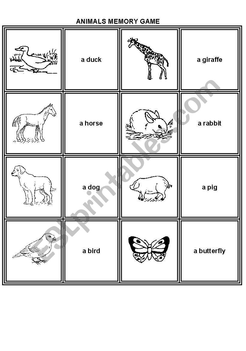 animals memory game worksheet