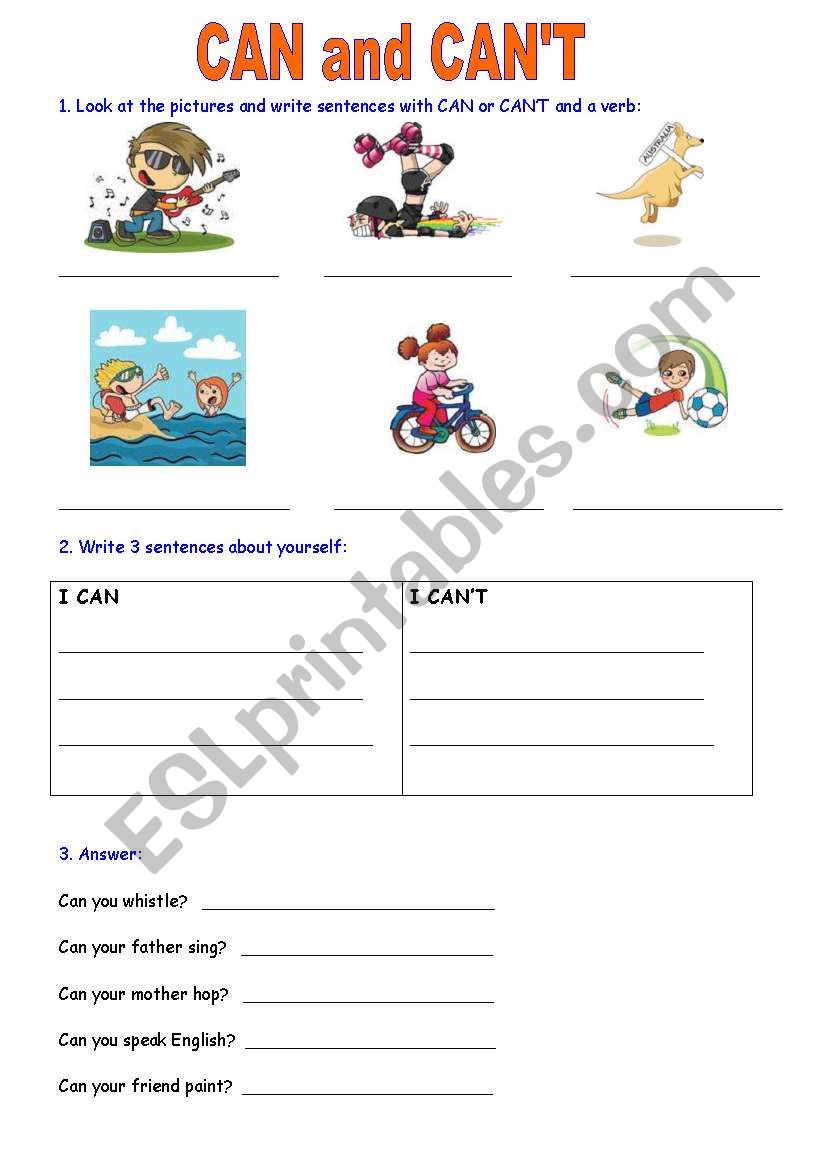 CAN and CANT exercises worksheet