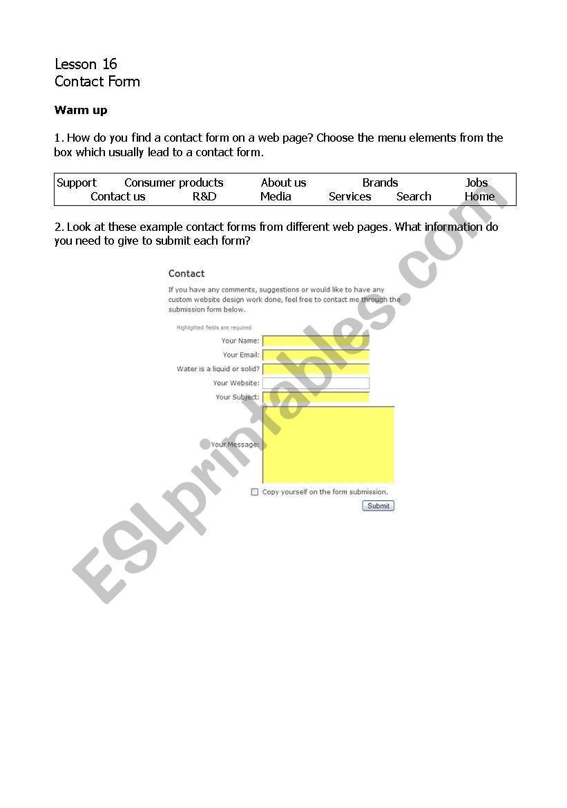 Contact Form worksheet