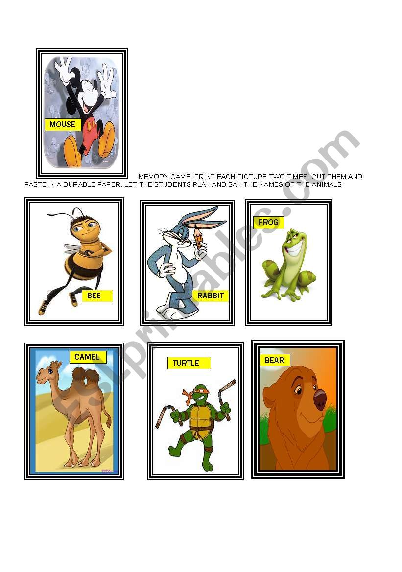 MEMORY GAME - ANIMALS worksheet