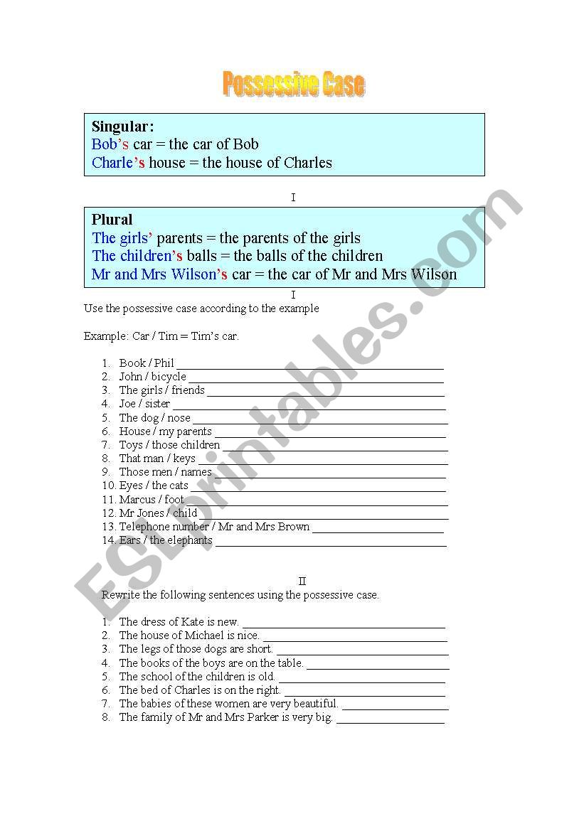 Possessive Case. Key Included worksheet