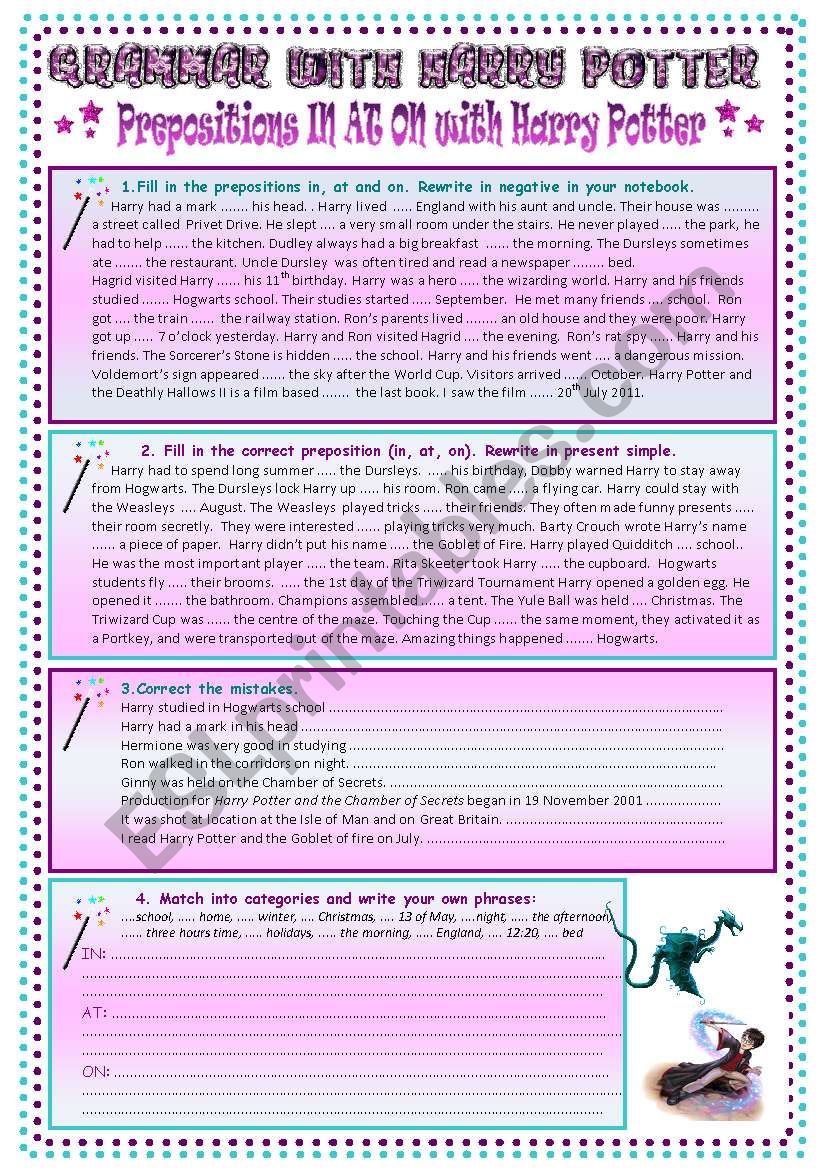 Prepositions IN AT ON with HARRY POTTER (7 pages, BW, key, bookmarks)