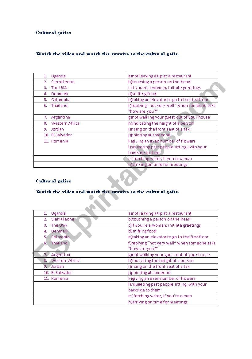 cultural gaffes worksheet