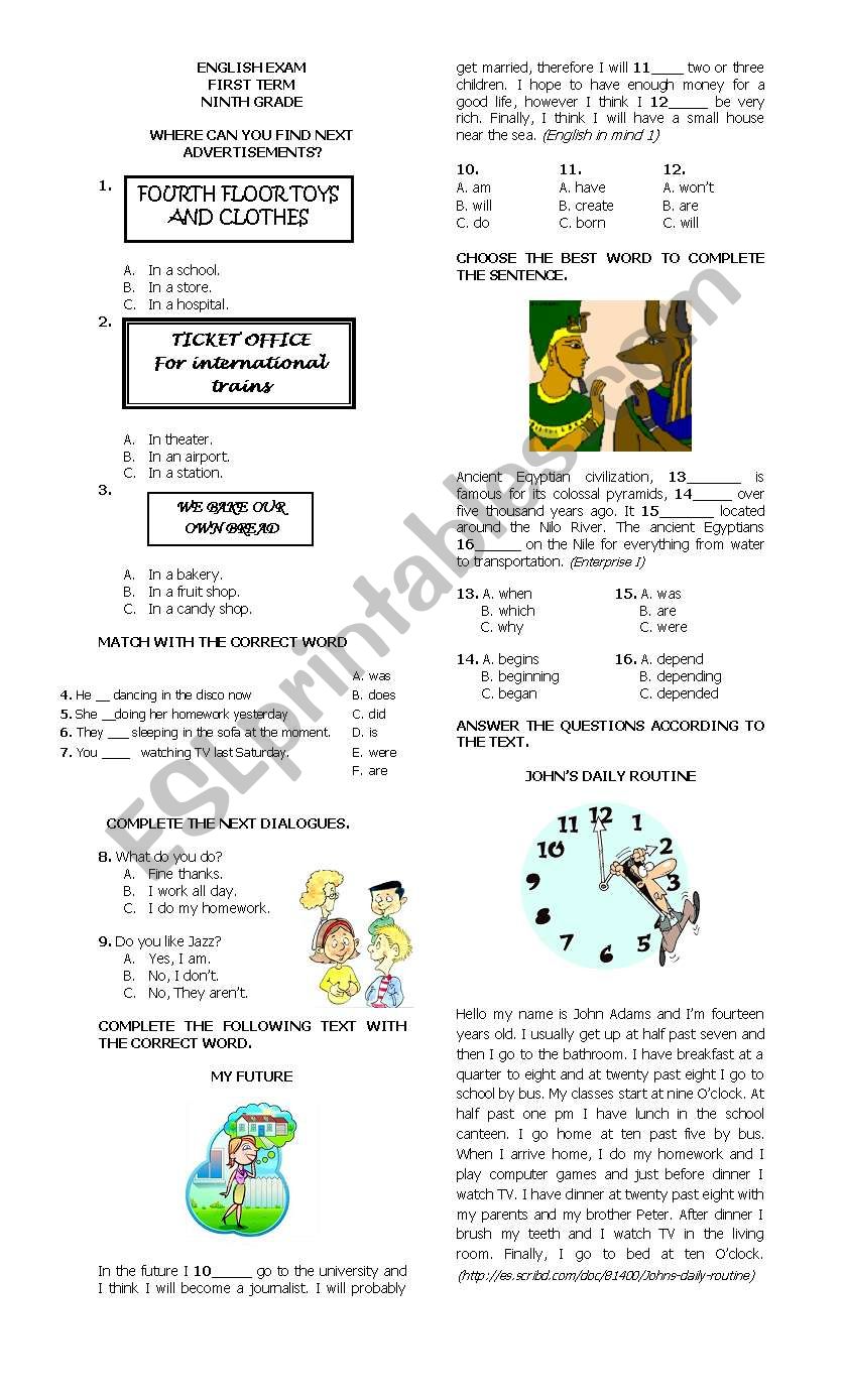 Evaluation ninth grade worksheet