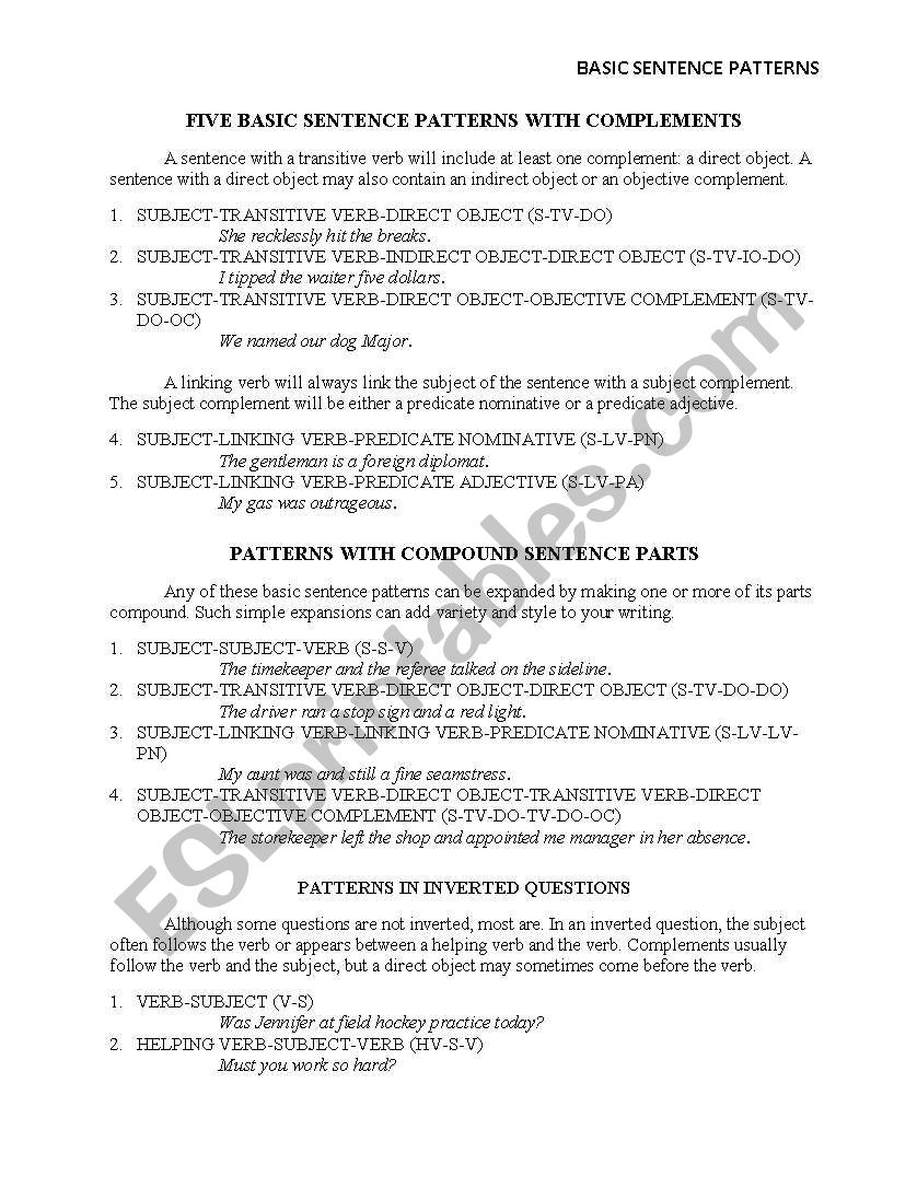 basic sentence patterens worksheet