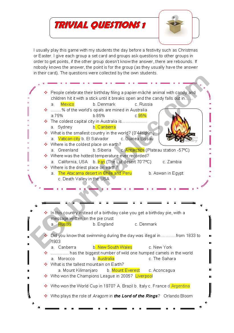 Trivia Questions worksheet