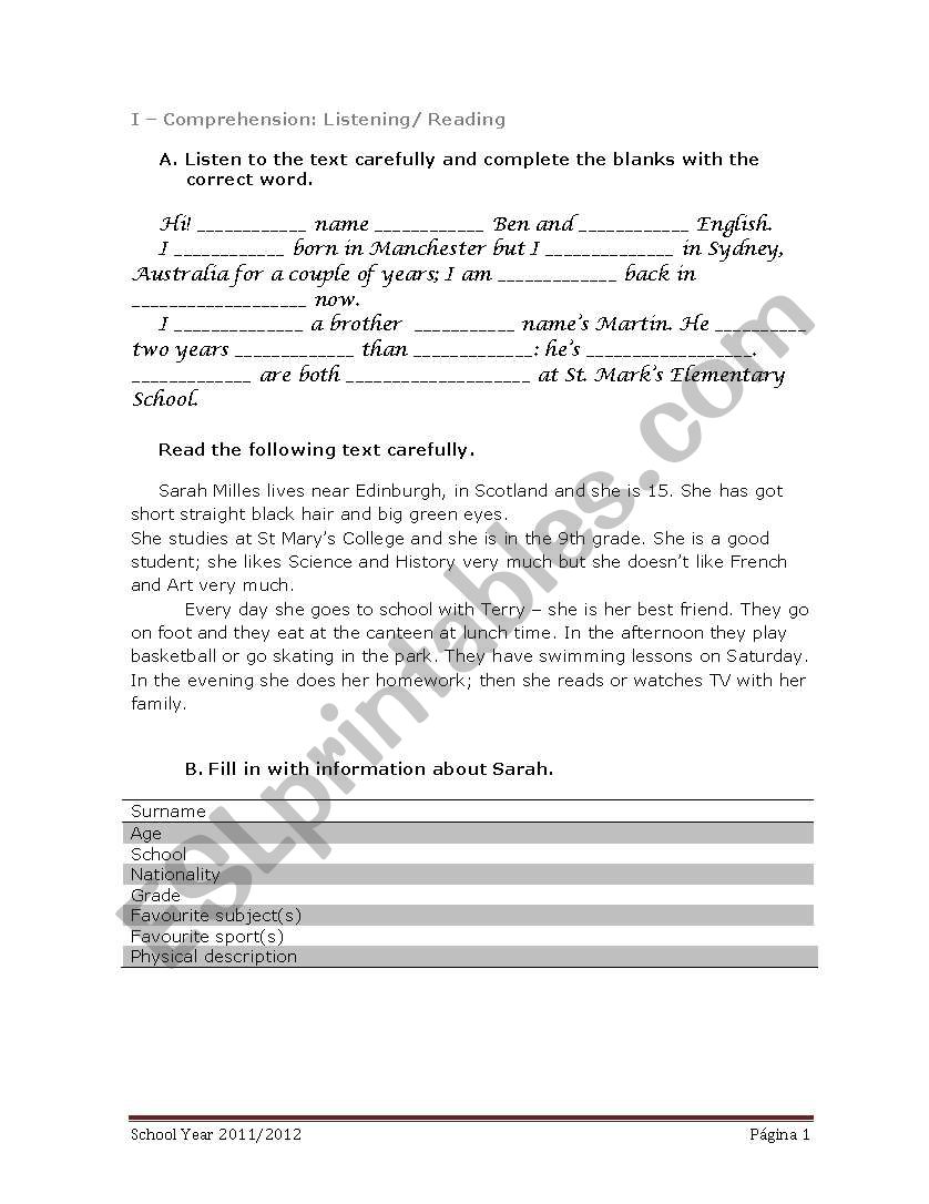 7th Grade Entry Test  worksheet