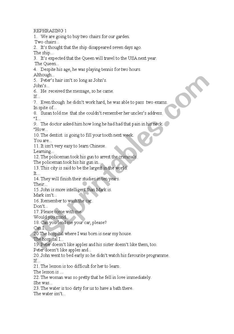 rephrasing exercises worksheet