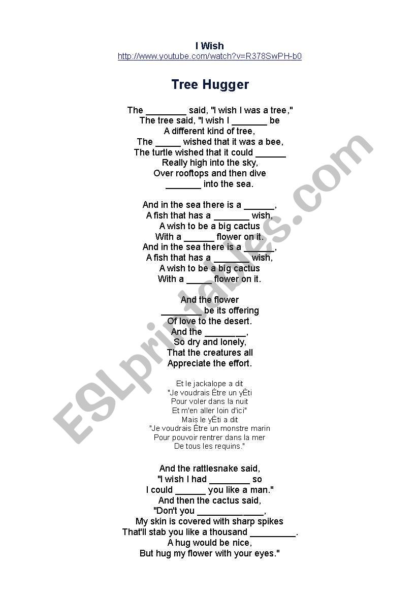 Tree Hugger Song - I wish worksheet