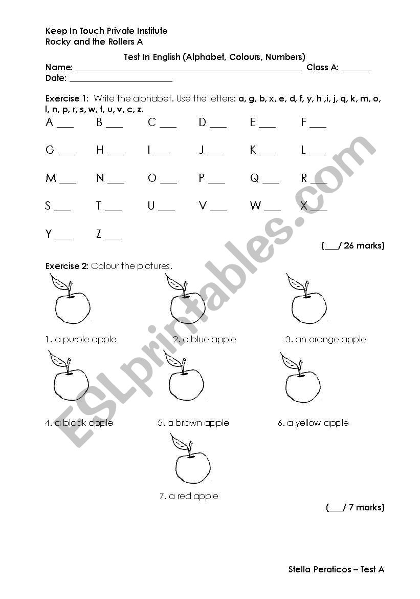 Test on Numbers, Colours and the Alphabet