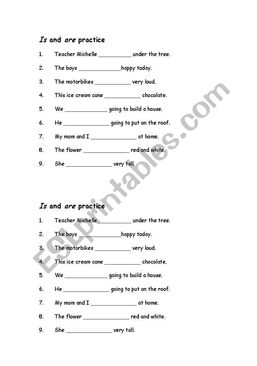 Is and Are Practice worksheet