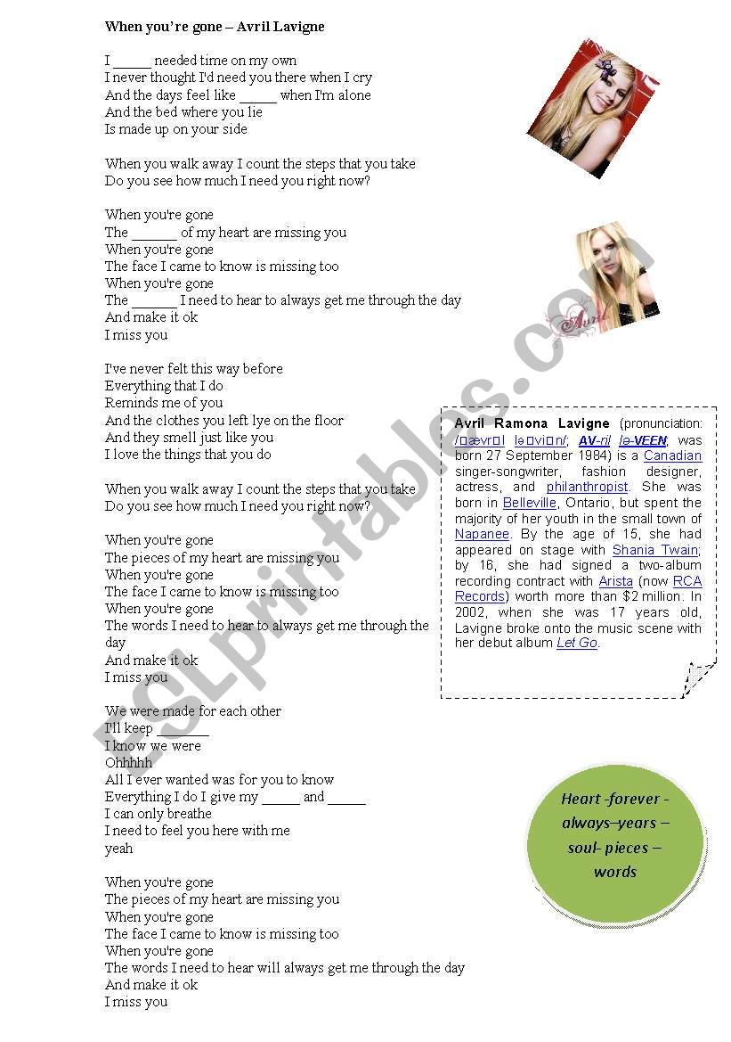 Song When youre gone worksheet