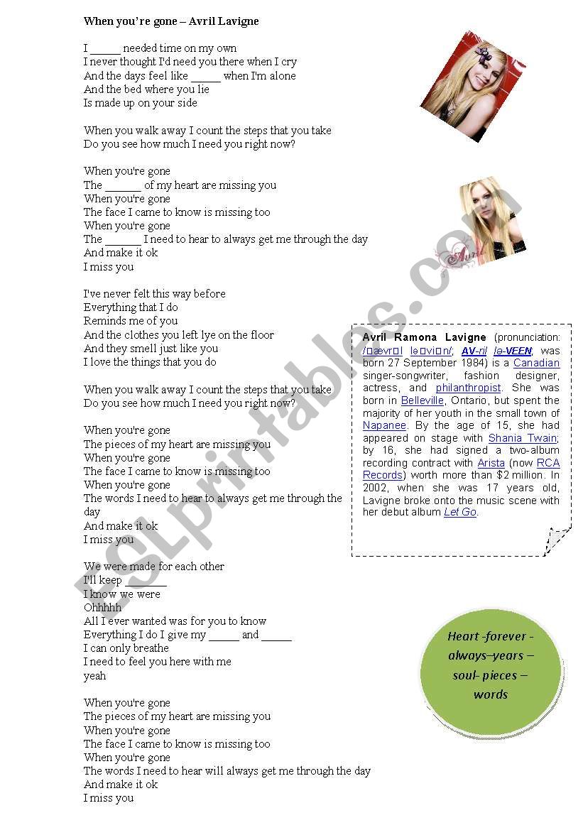 Song When youÂ´re gone worksheet