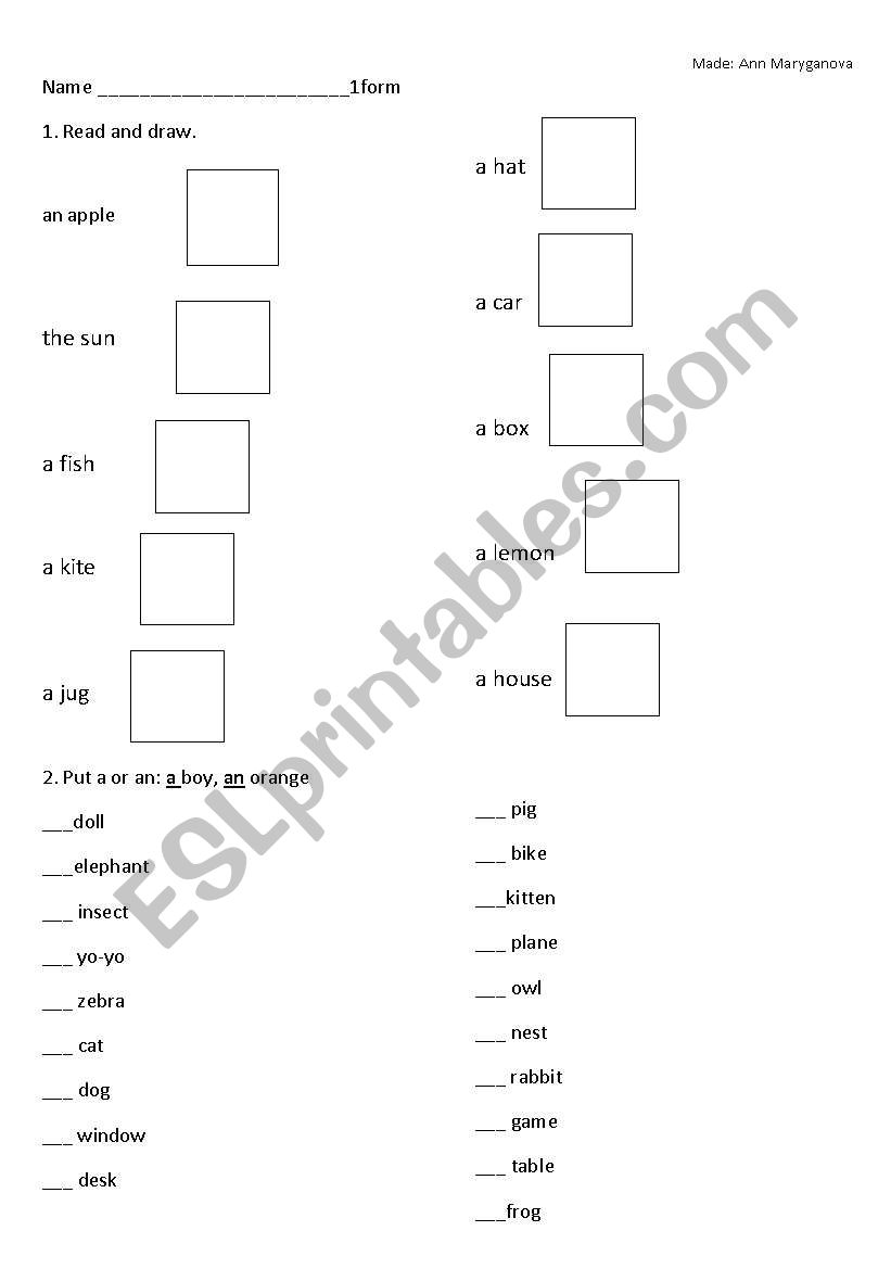 task for children (beginners) ABC, articles a/an, letters, words