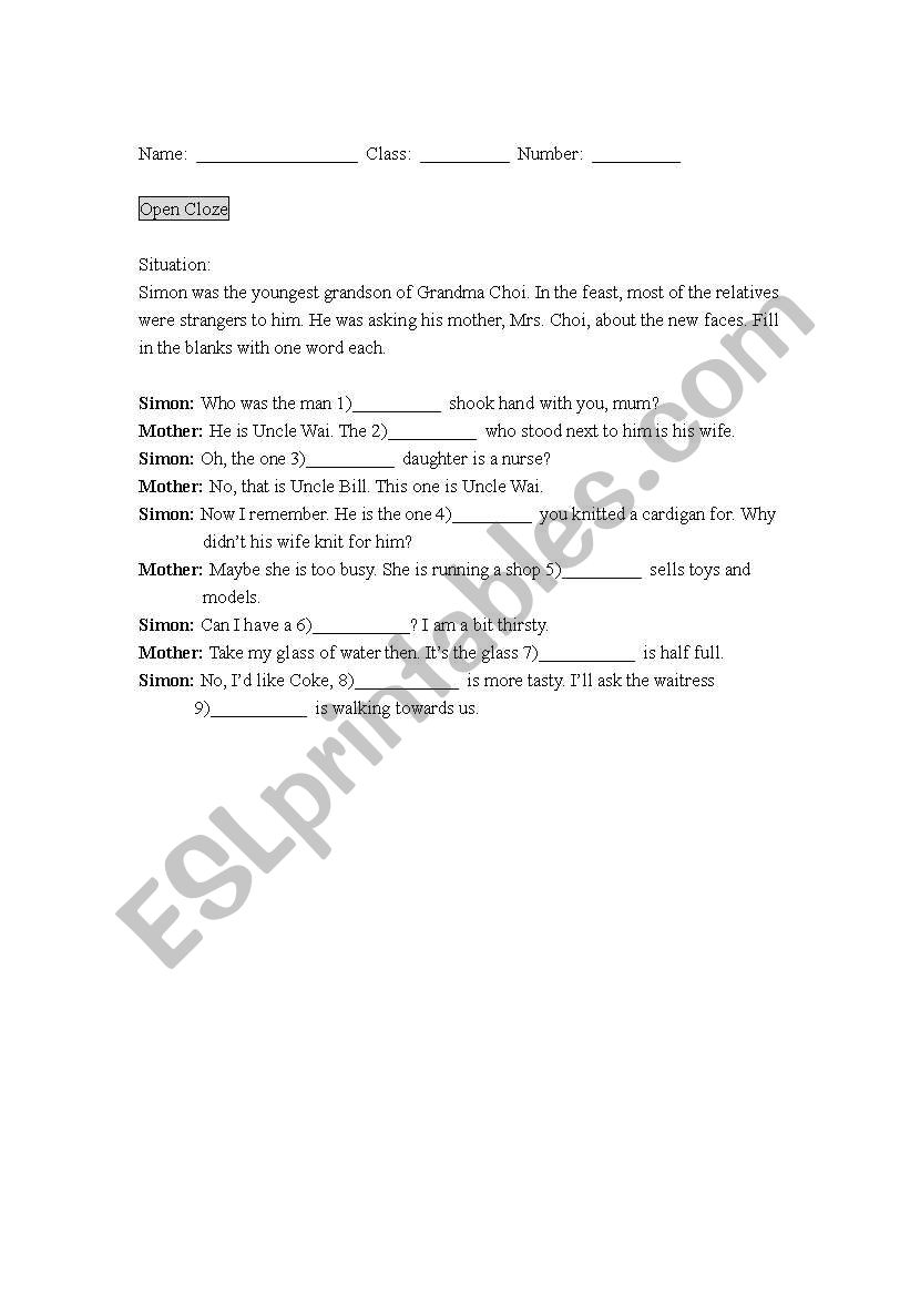 Open Cloze  worksheet
