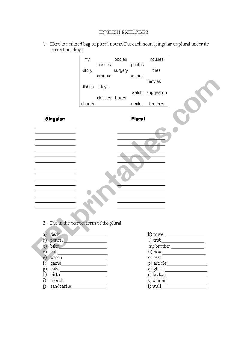 Plural of nouns worksheet