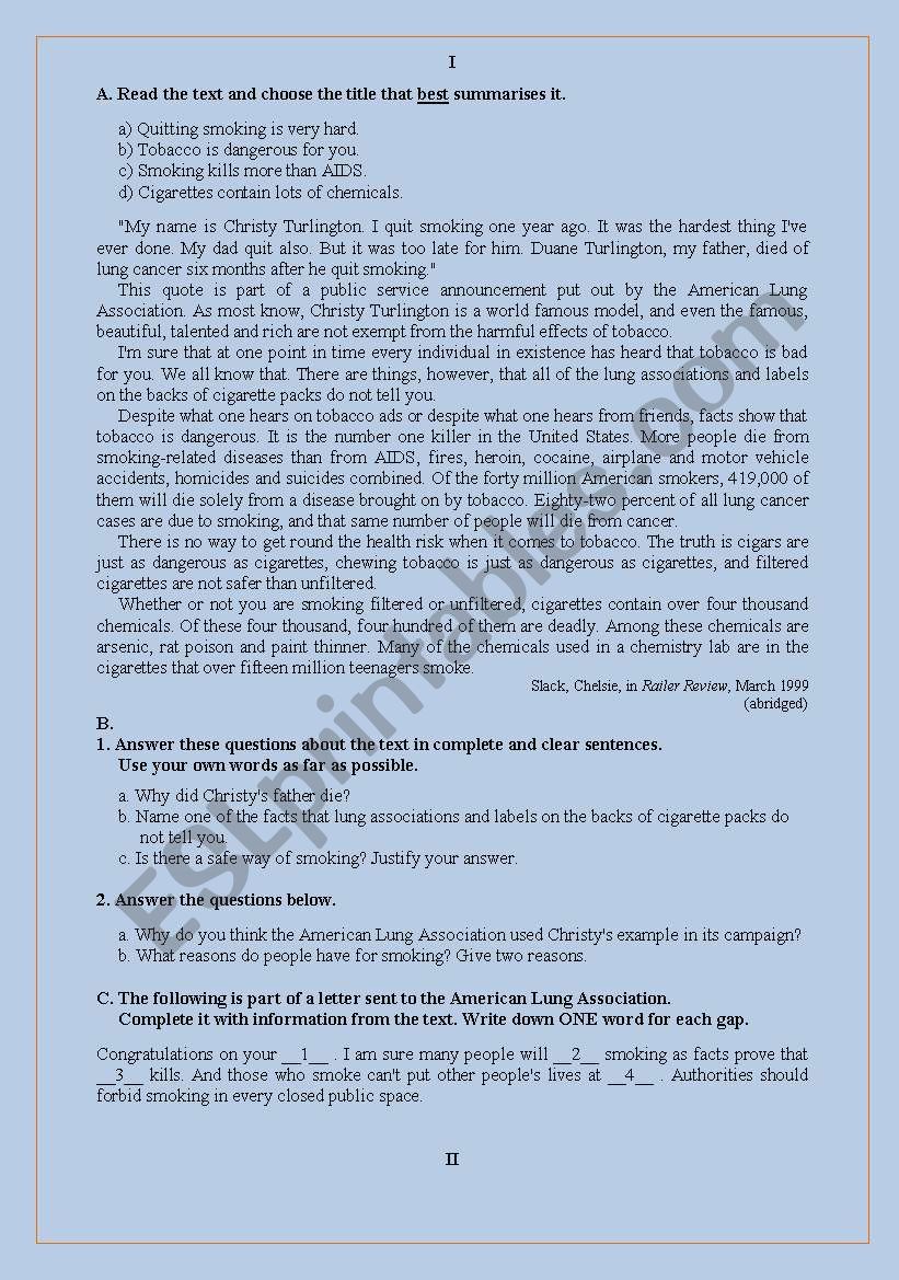 Test on smoking worksheet