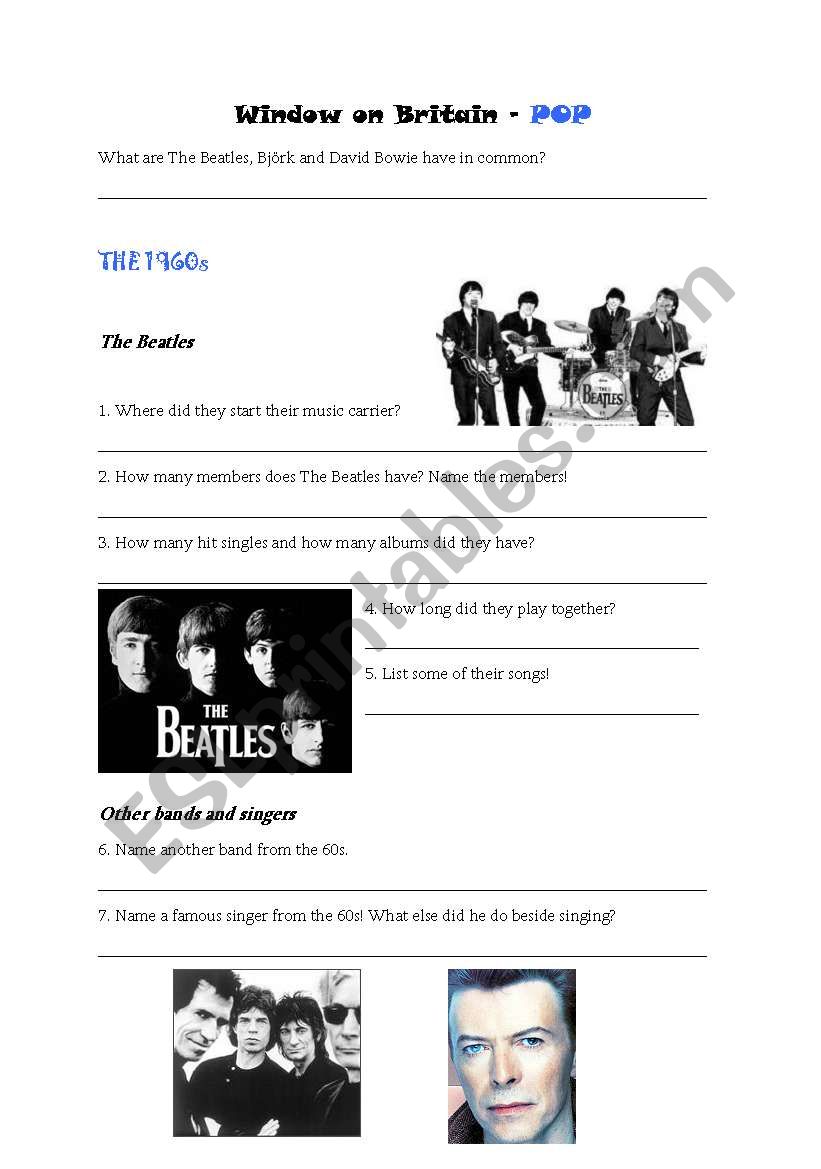 Window on Britain - Pop worksheet
