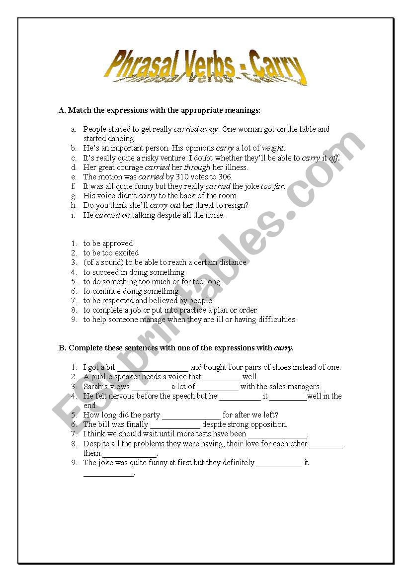 Phrasal verbs - carry worksheet