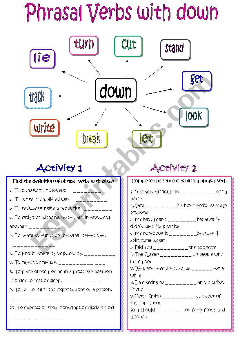 Phrasal verbs with down worksheet