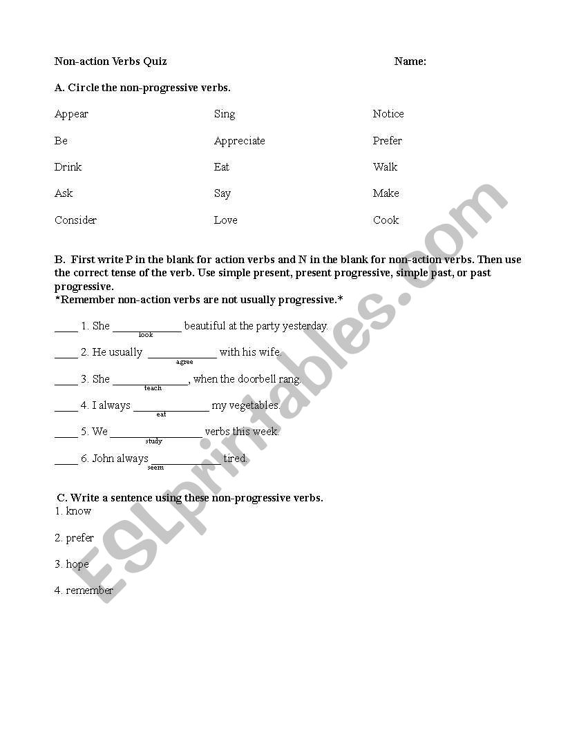 non-action verb quiz worksheet