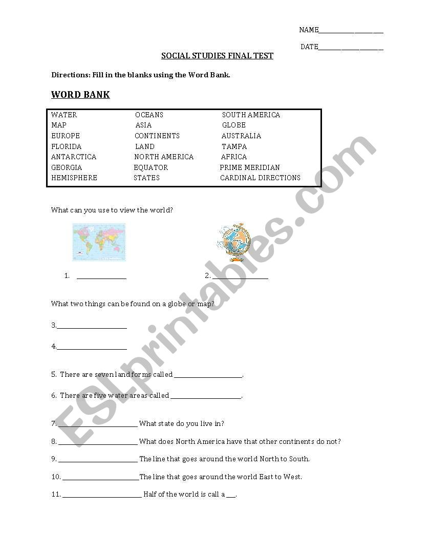 Social Studies Test worksheet
