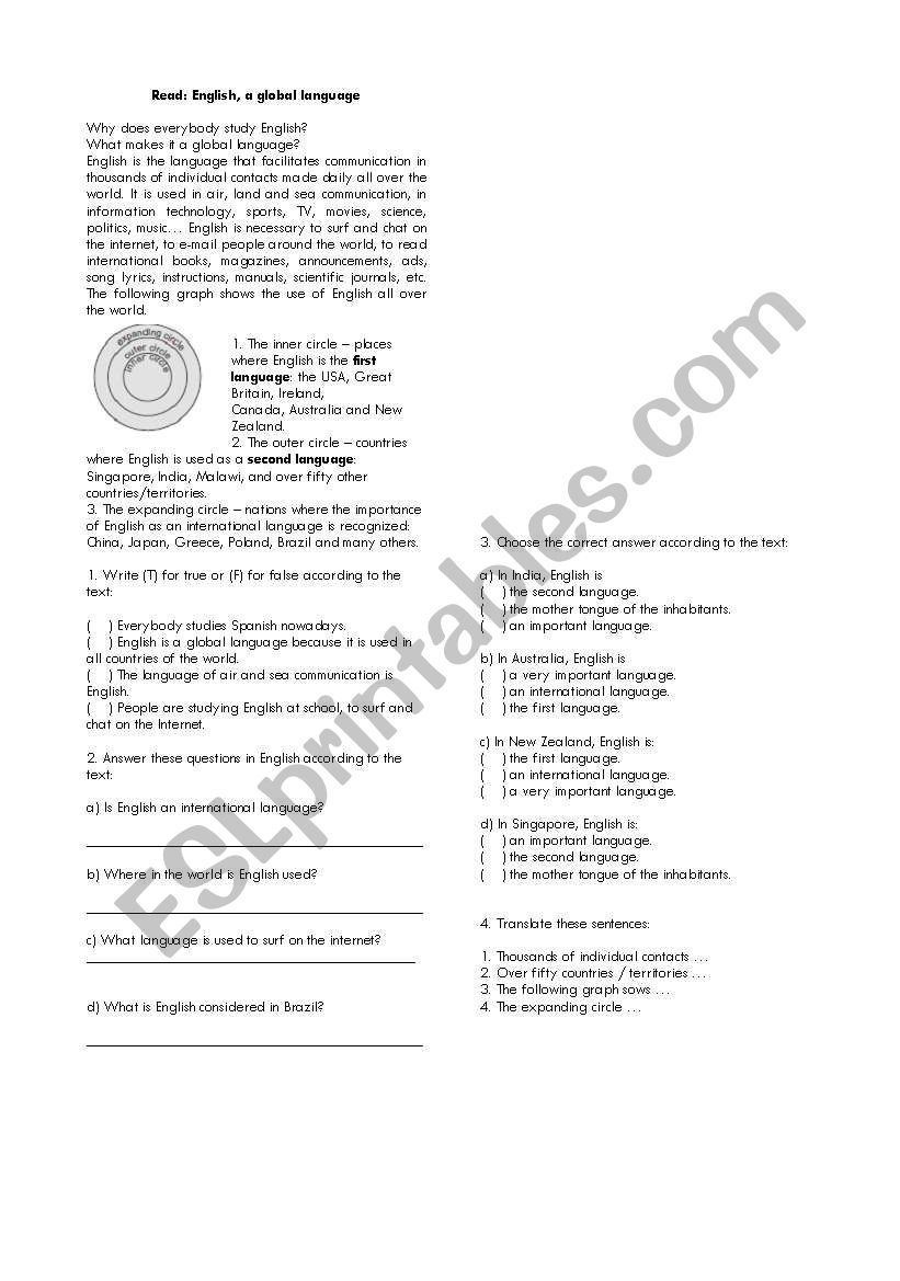 English - a global language worksheet