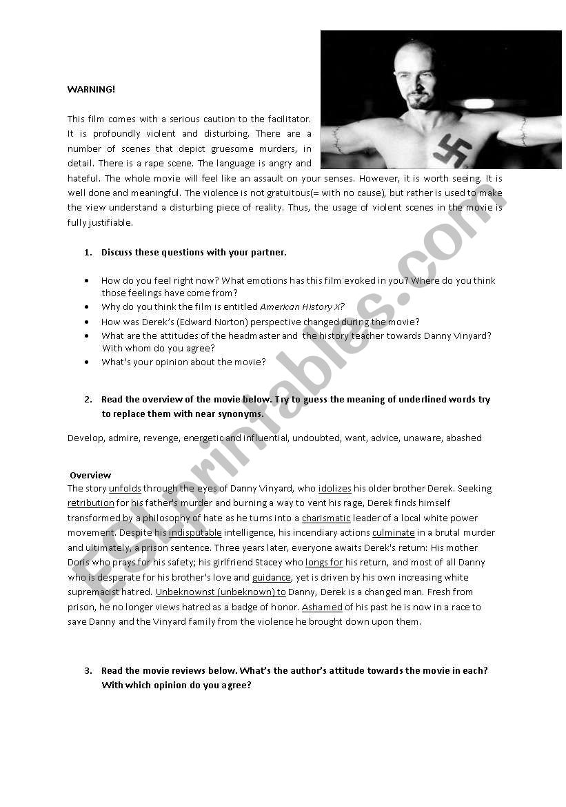American History X - Movie , Lesson worksheet