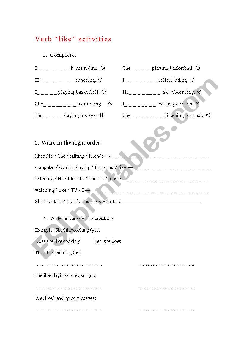 VERB LIKE worksheet