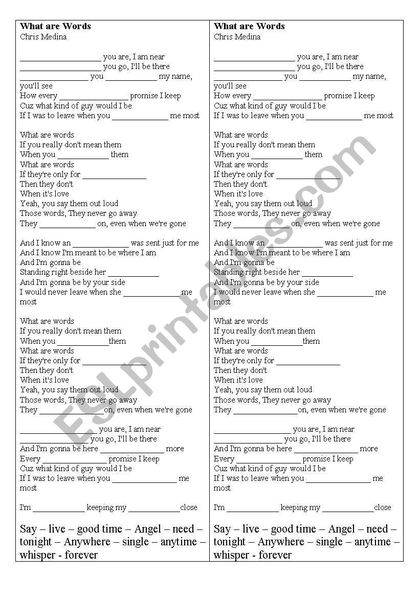 song what are words worksheet