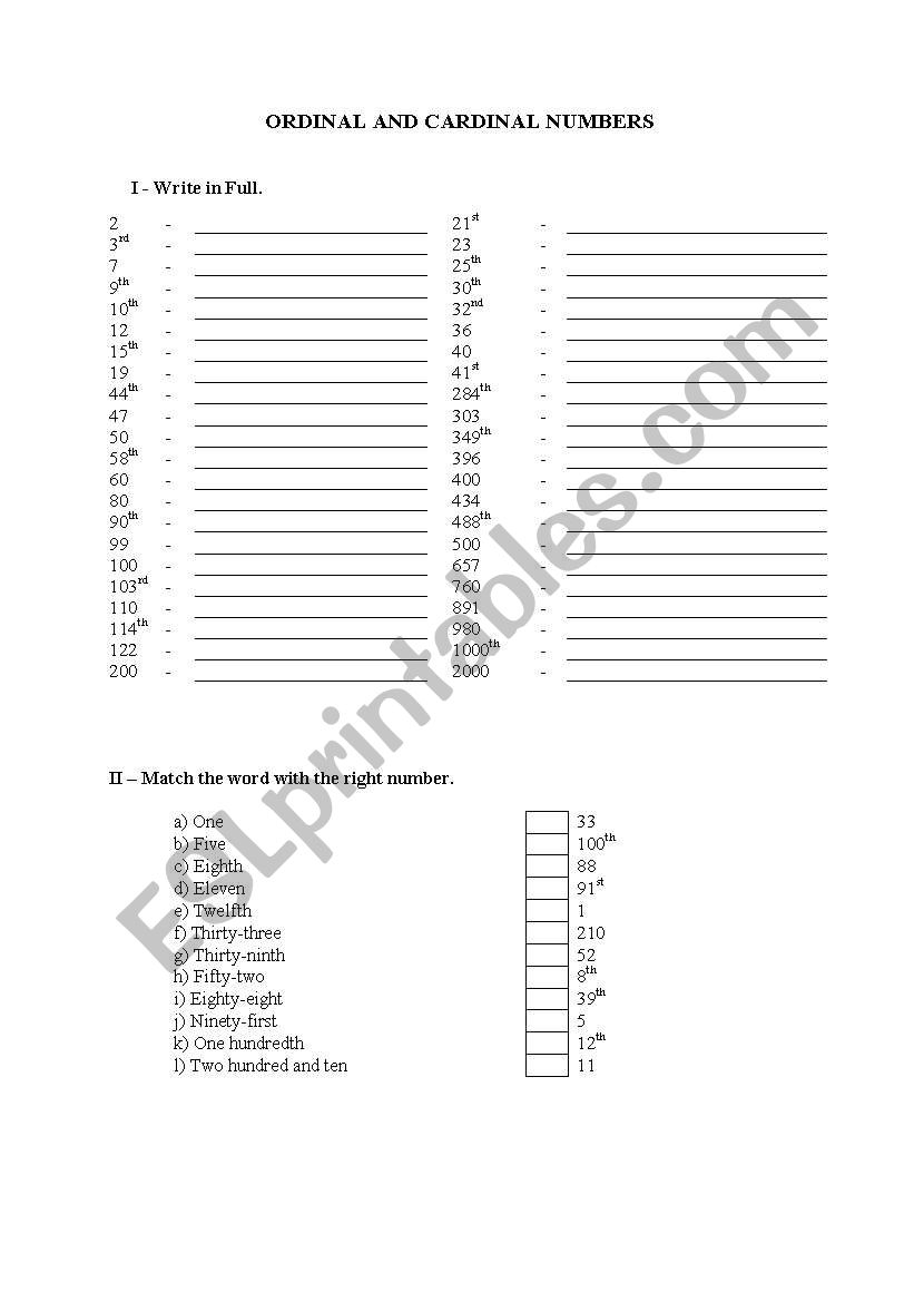 Ordinal and cardinal numbers worksheet