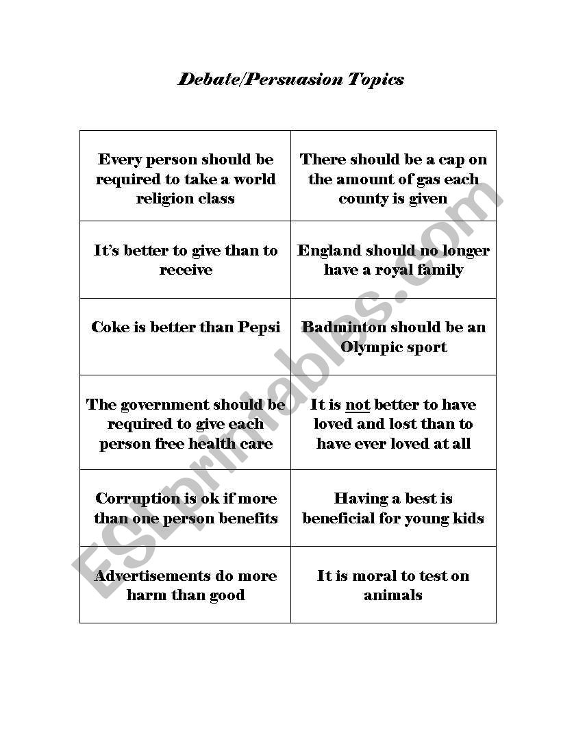 Debate/Persuasion Topics worksheet