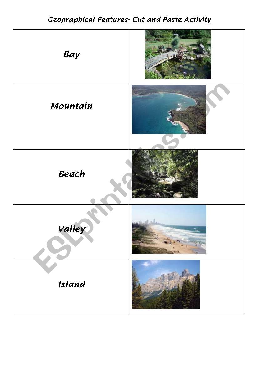 Geographical features (part 2) cut and paste activity with definitions