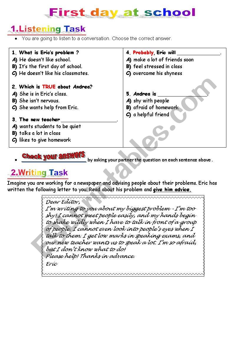 first day at school  worksheet